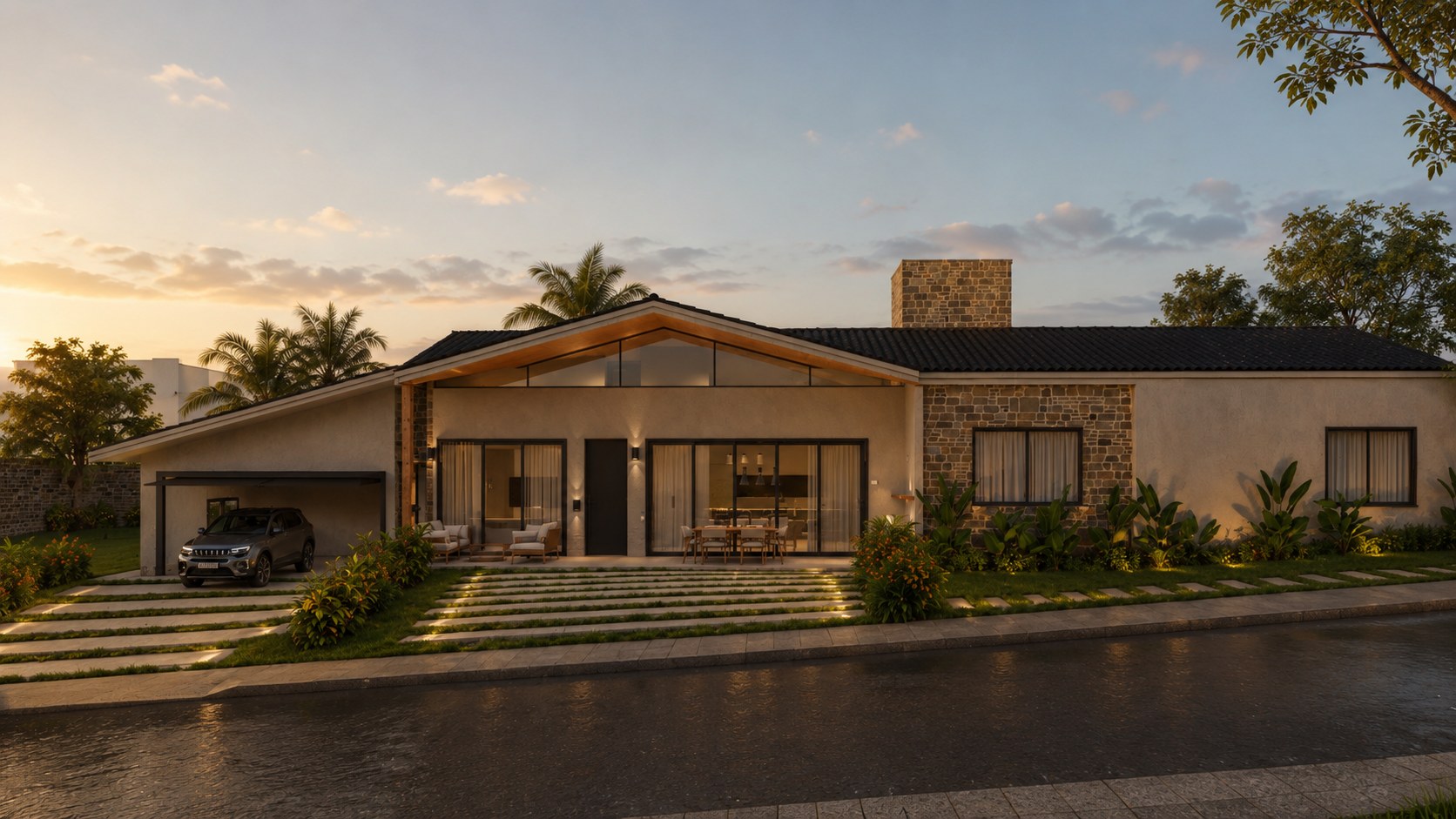 Fachada da residência em pedra e madeira ao entardecer, projeto de Ellen Jansen