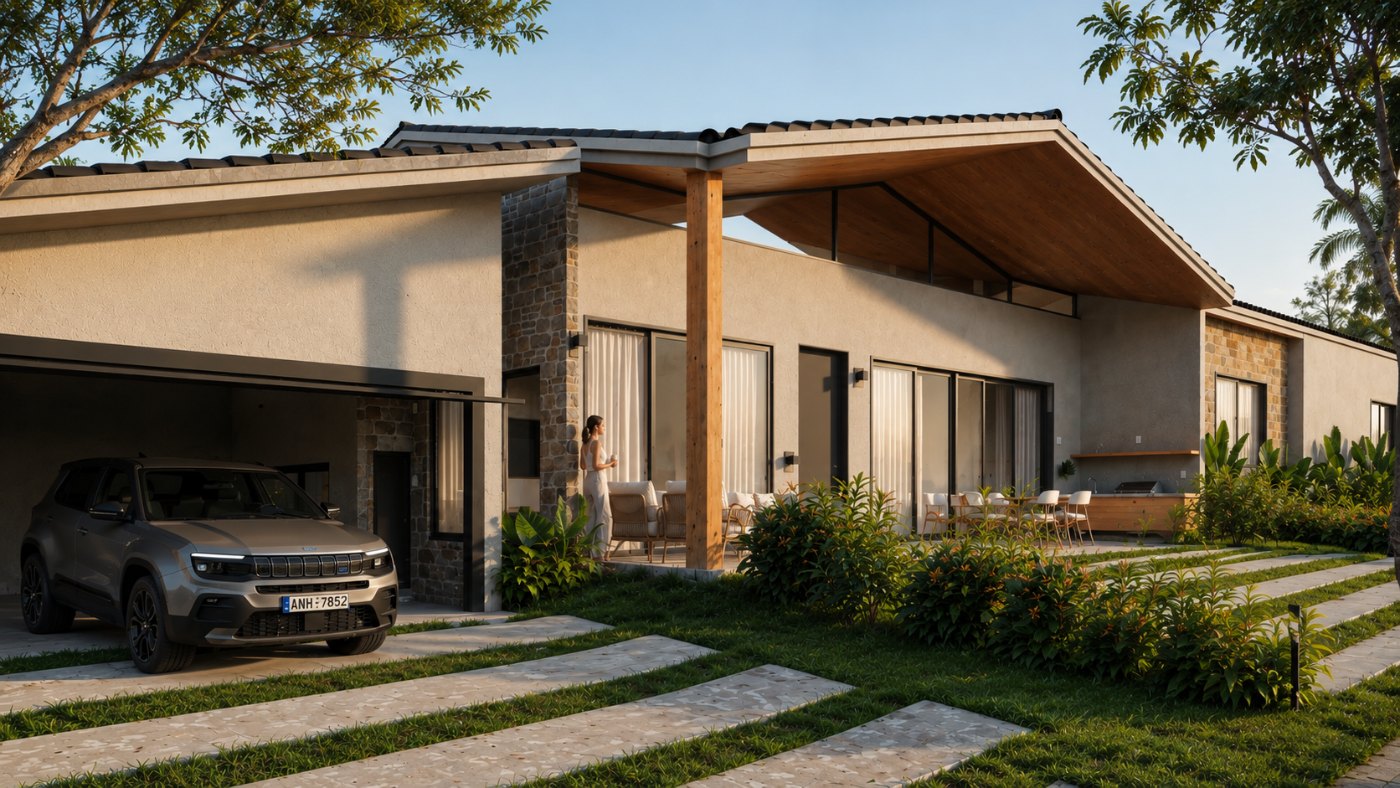 Lateral da casa com garagem coberta, pilar de madeira e caminho de pedras sobre o gramado