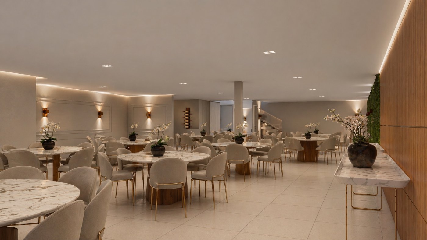 Vista ampla do salão de eventos com mesas redondas, arandelas e iluminação de sanca