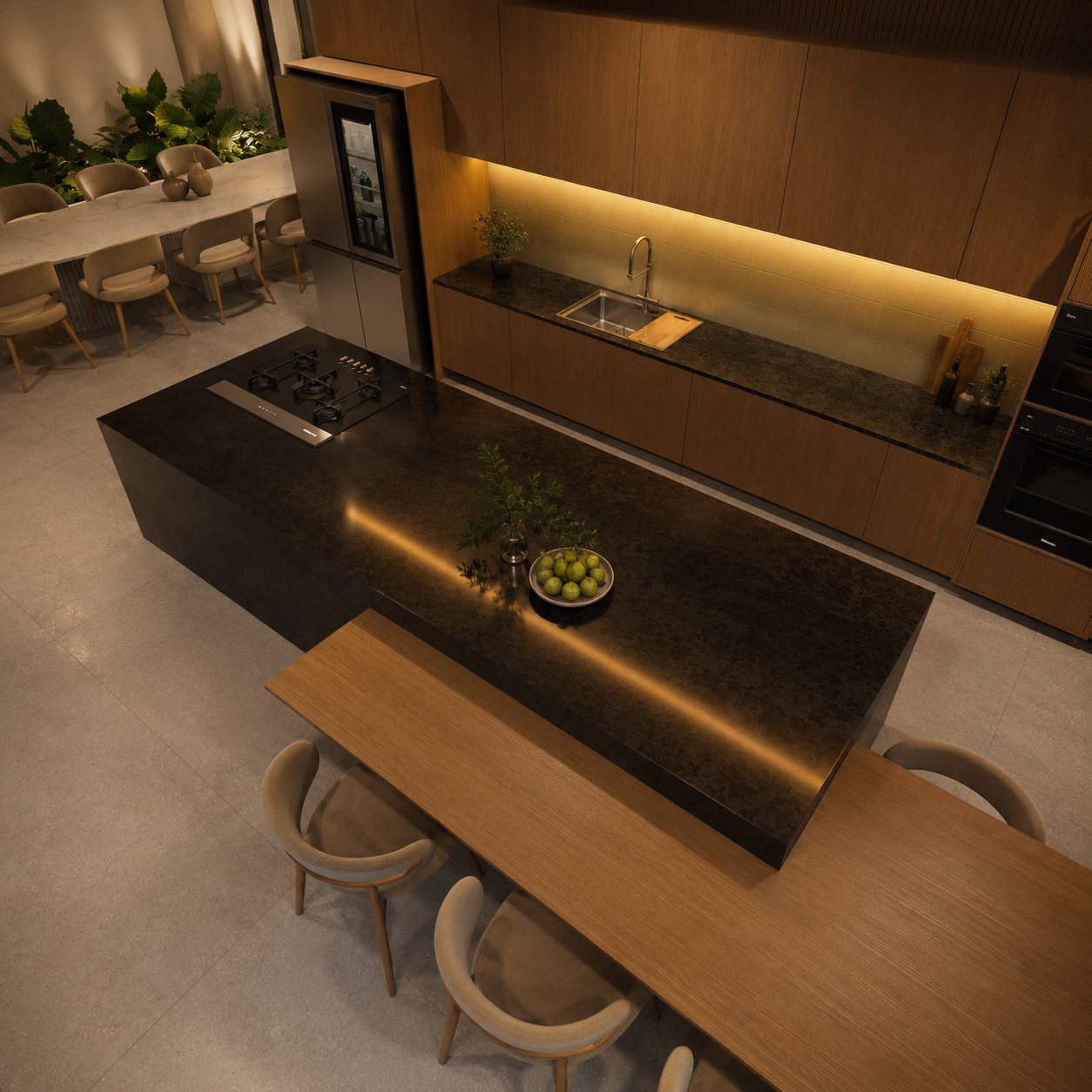 Vista superior da ilha da cozinha com cooktop, bancada em madeira e iluminação embutida