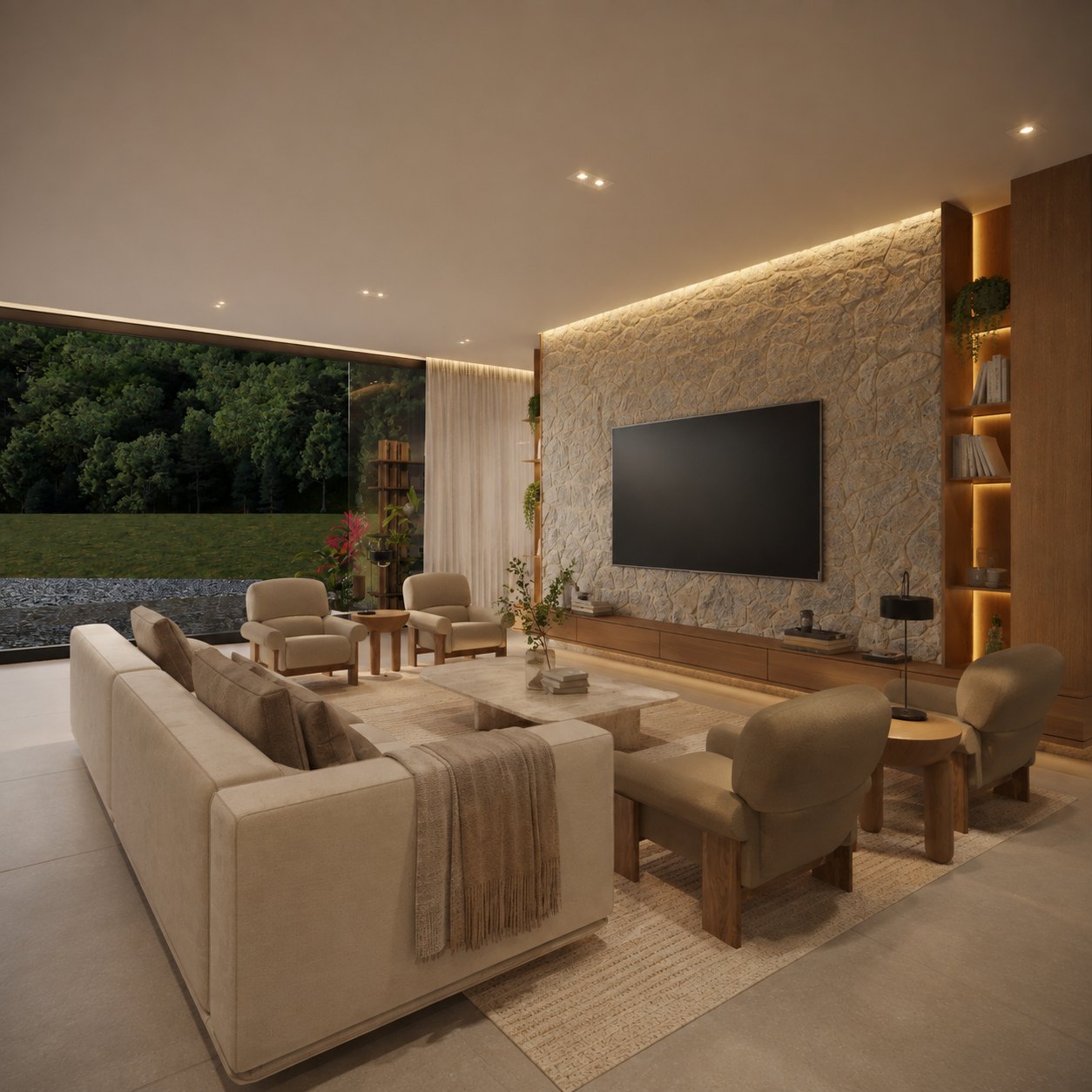 Sala de estar com parede de pedra, sofá em linho e grande pano de vidro voltado para a mata